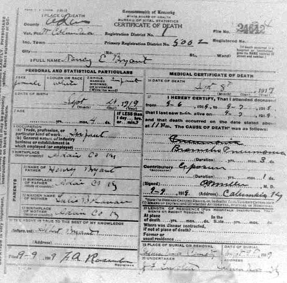 Bryant Death Certificates